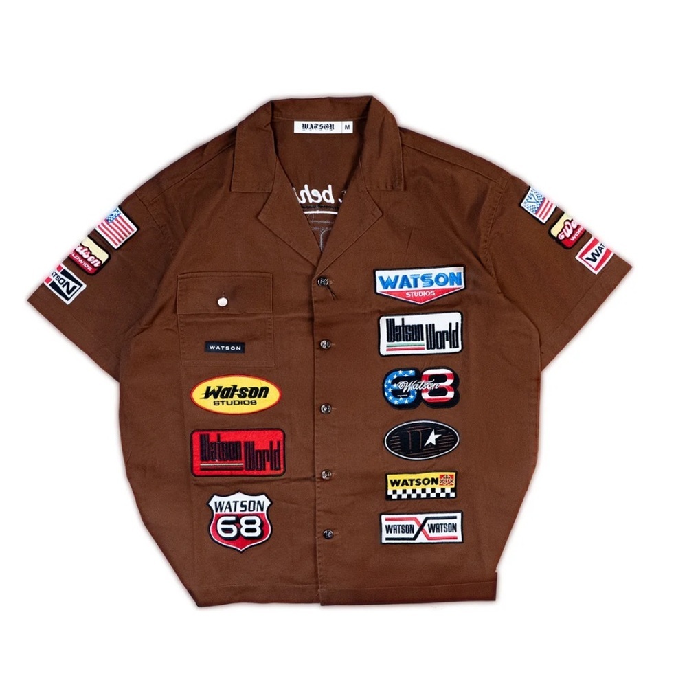 Watson Brown Multi Patch Work Graphic Shirt NWT Size M
